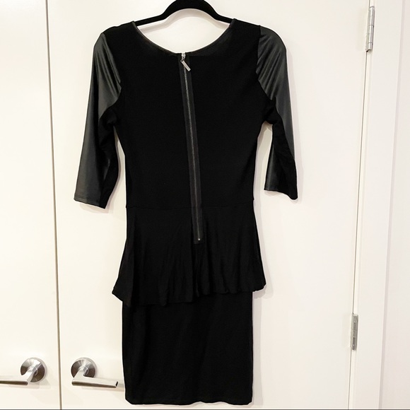 Kensie Black Bodycon Peplum Dress with Faux Leather Sleeves Size Small - Picture 3 of 8